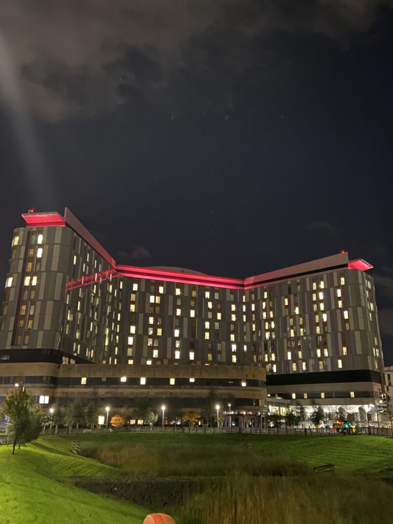 Queen Elizabeth University Hospital in pink