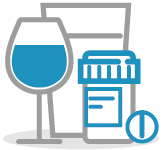 Illustrated icon of a full wine glass, a pint glass and a container of medicines