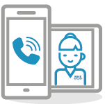 Icon style mobile phone with call icon, and ipad with nurse figure