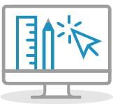 icon style images of computer screen, with ruler and pencil images