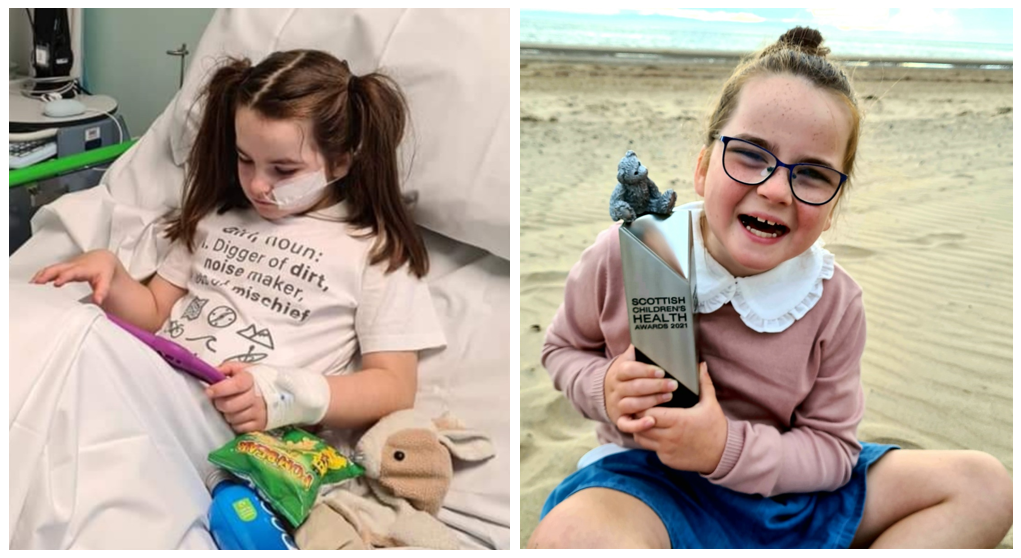 On the right is Emily in a hospital bed, using a handheld device; on the left is Emily, sitting smiling on a beach with her Young Achiever's Award from 2021.