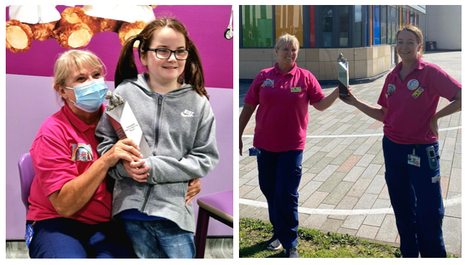 On the left are Teri and Emily with the Health-Related Play Award; on the right are Teri and Wendy, standing with their award outside the Royal Hospital for Children.