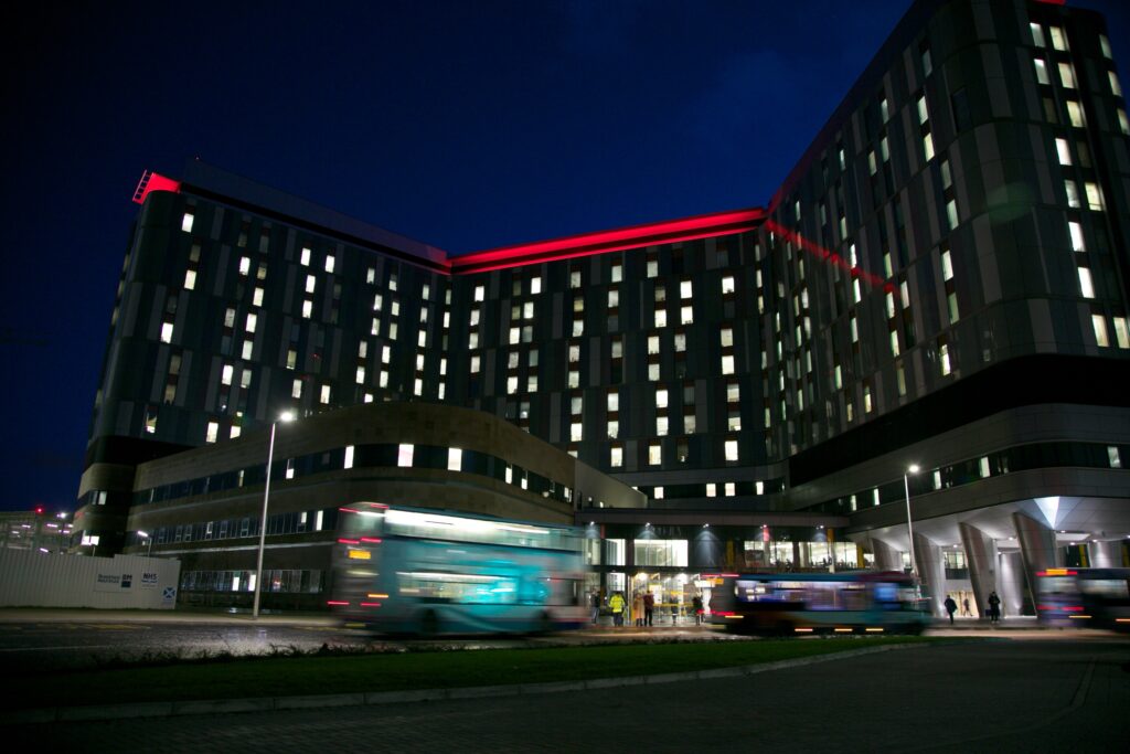 Queen Elizabeth University Hospital lit in red to mark World Aids Day on December 1