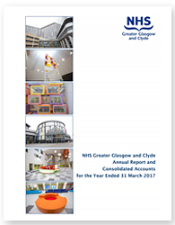 Cover of the report showing NHSGGC logo, document title, and collage of various hospital images.