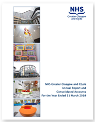 Cover of the report showing NHSGGC logo, document title, and collage of various hospital images.