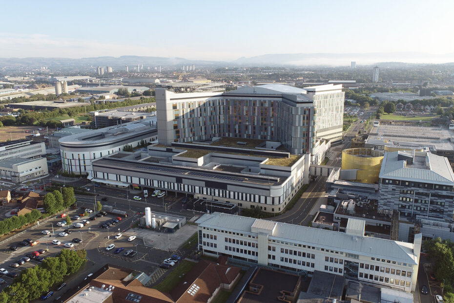 An aerial view of the Queen Elizabeth University Hospital campus, showing the main buildings.