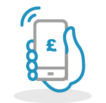 A graphic drawing showing a hand holding a mobile device displaying a pound money symbol.