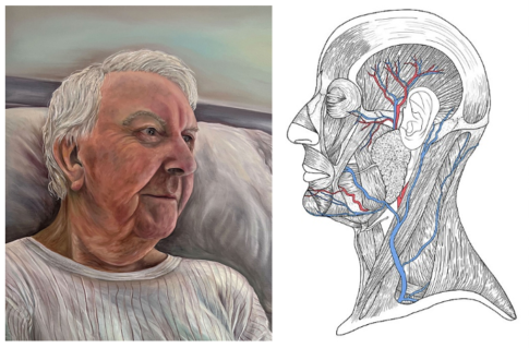 A painting of a man and an anatomical drawing of a head - samples of artworks by Danielle Adair