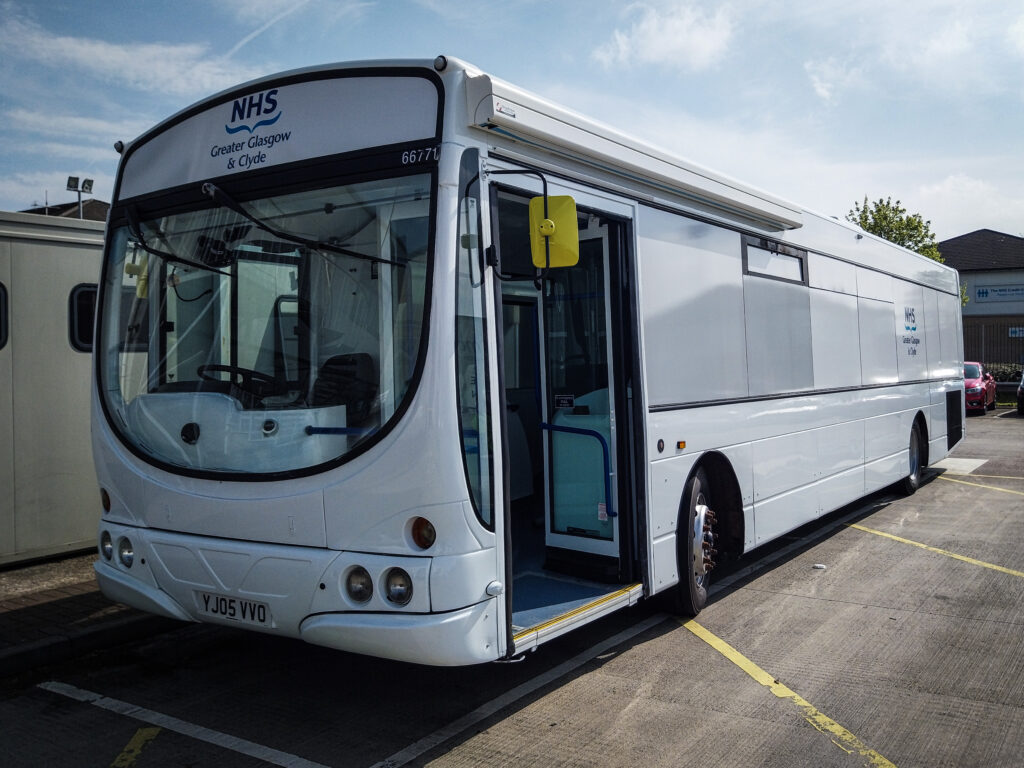 The new mobile clinical unit, a converted bus in NHSGGC livery, ahead of launch in June.