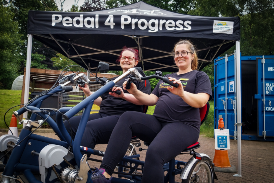 Angela Watson, left, and Hannah Knox set up for a day's cycling at Leverndale. Image: NHSGGC