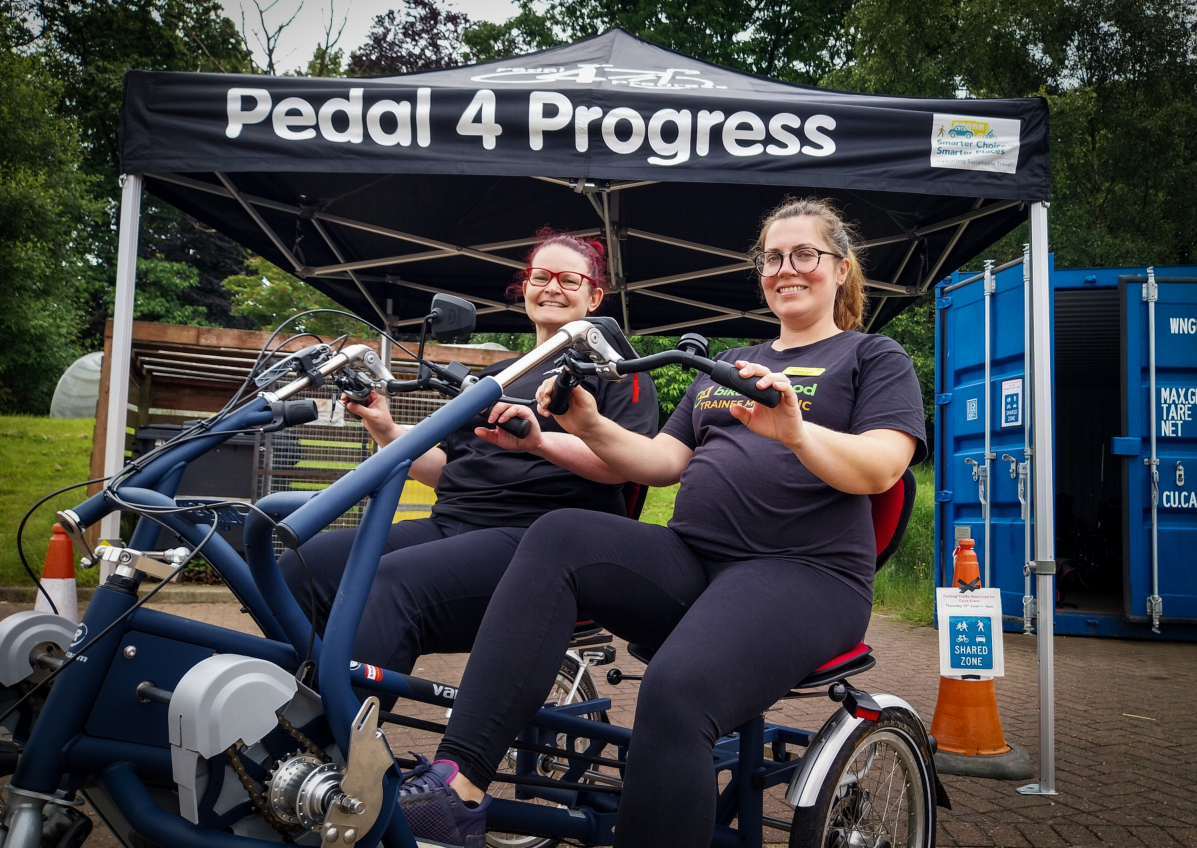 Angela Watson, left, and Hannah Knox set up for a day's cycling at Leverndale. Image: NHSGGC