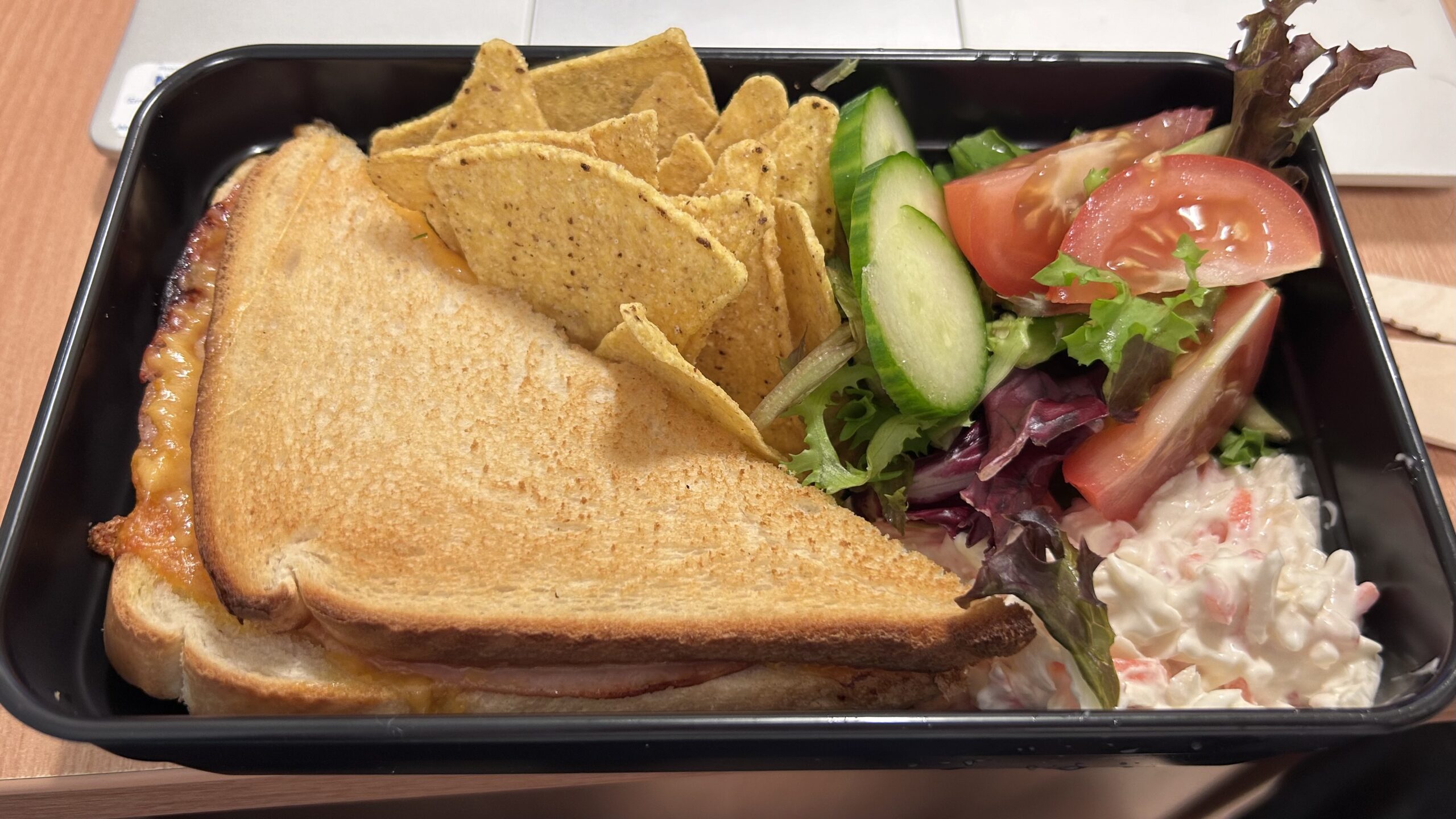 Reusable food container filled with toastie and salad.