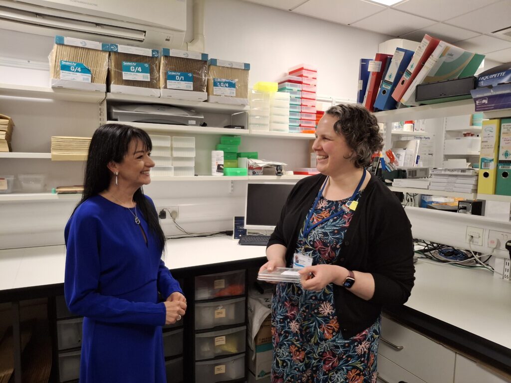 Professor Catherine Ross with Dr Naomi Elkin at the UK NEQAS Cardiac Markers Lab.