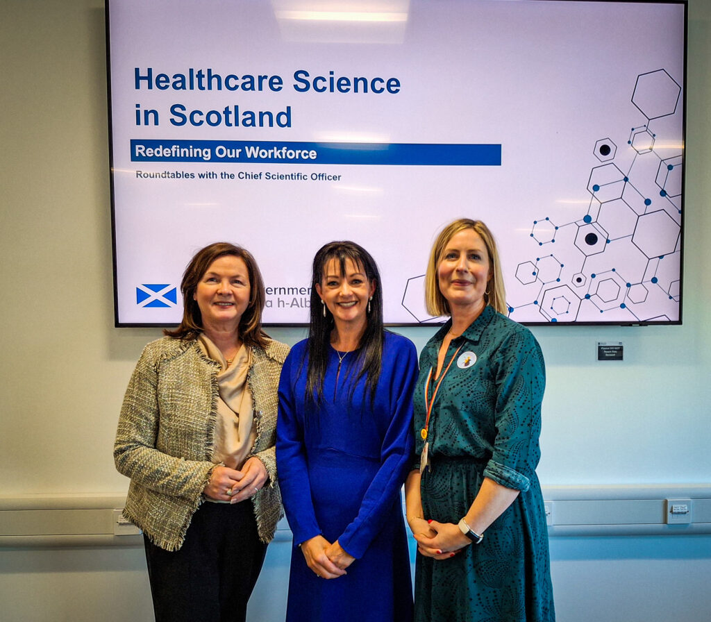 From left: Professor Angela Wallace, Executive Nurse Director at NHSGGC, Professor Catherine Ross, Karen Brazier, Healthcare Science Professional Lead at NHSGGC.