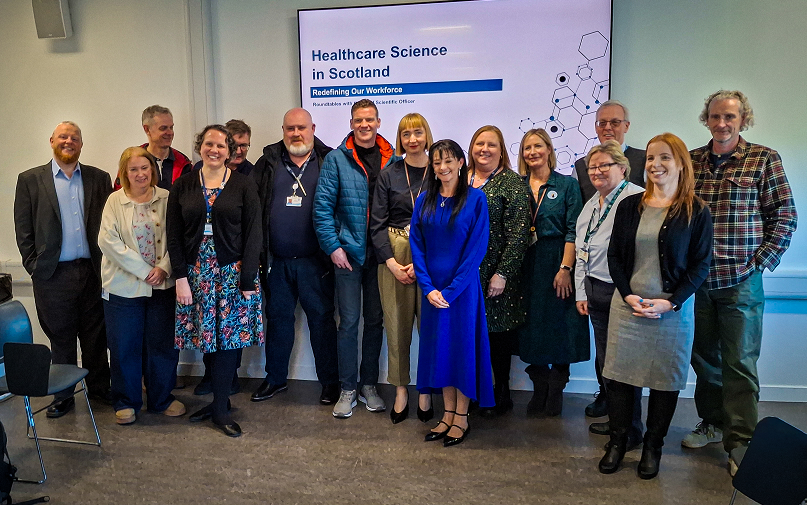 Professor Catherine Ross, centre, with NHSGGC Healthcare Scientists at the round-table event